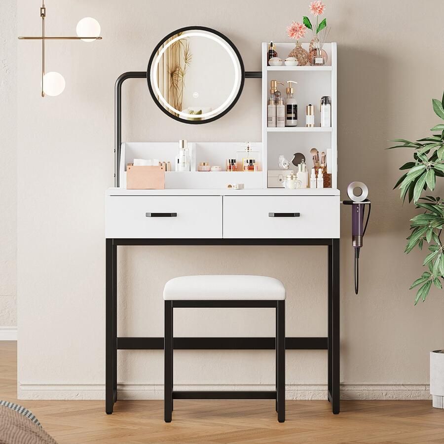 Pugsdrly Moderne kaptafel met ledverlichting draaibare spiegel en stopcontacten – inclusief kruk en zwarte metalen poten – 2 lades + 2 open planken wit afmetingen: 80 × 138 5 × 40 cm (B × H × D)