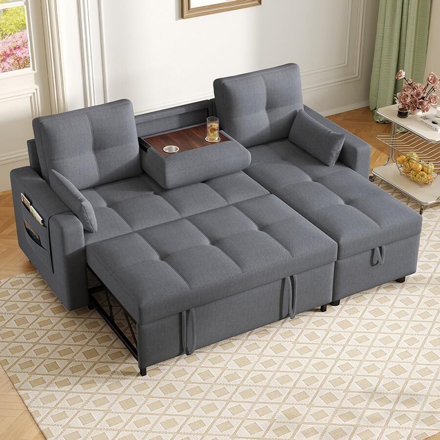 Pugsdrly Moderne L-vormige bank modulaire slaapbank met slaapfunctie voorzien van opbergruimte neerklapbare bekerhouder geschikt voor de woonkamer thuisbioscoop logeerkamer enz