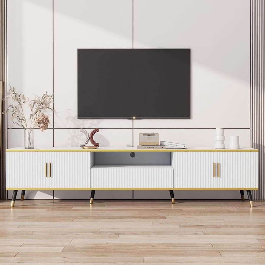 Pugsdrly Moderne lage tv-meubel marmerlook tv-paneel tv-kommode 200 x 40 x 46 cm Geschikt voor tv's tot 90 inch twee deuren een lade