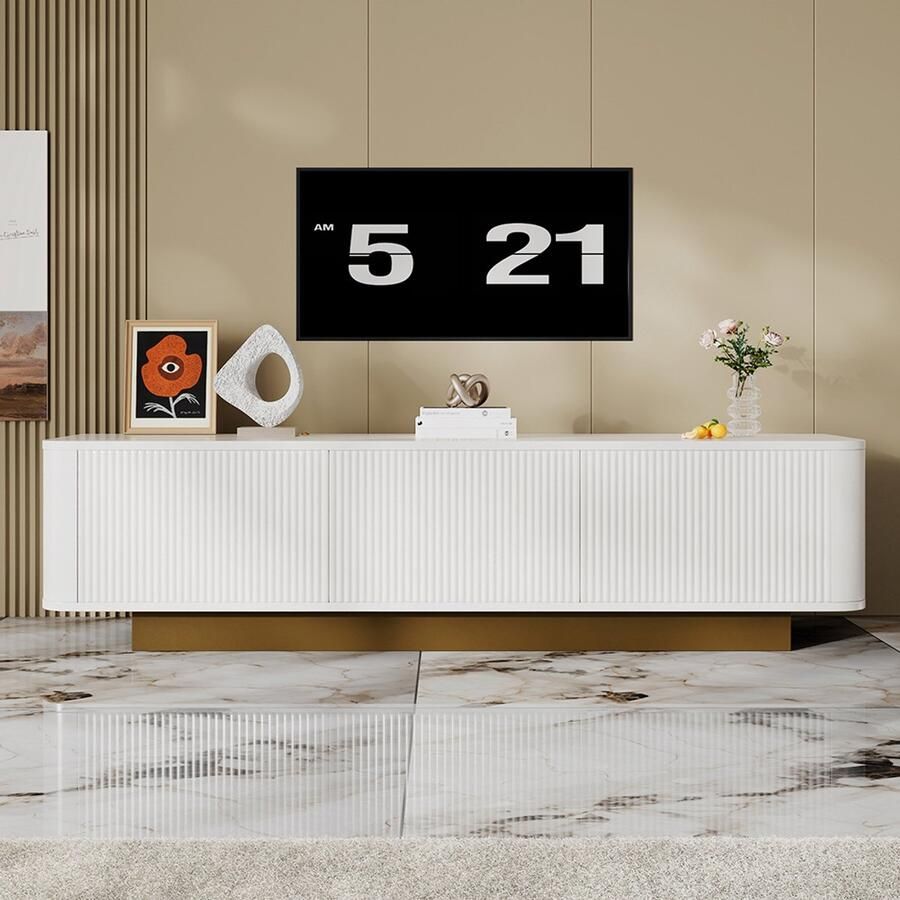 Pugsdrly Moderne lage tv-meubel met opbergruimte – afgerond design kabelbeheer gestructureerde voorkant wit – multimediameubel van MDF voor de woonkamer