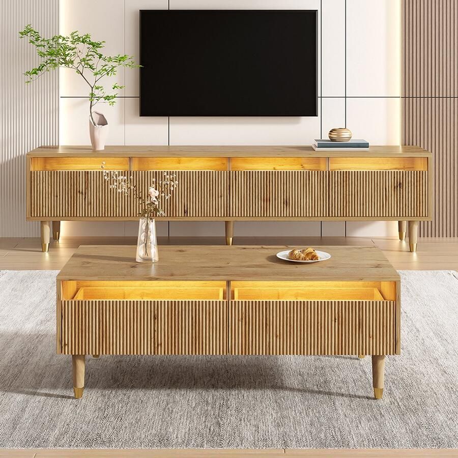 Pugsdrly Moderne LED-meubelset: tv-meubel met 4 deuren en salontafel met 2 lades – design in hout- en goudkleur LED-verlichting golvende structuur en acrylfront voor een elegant interieur