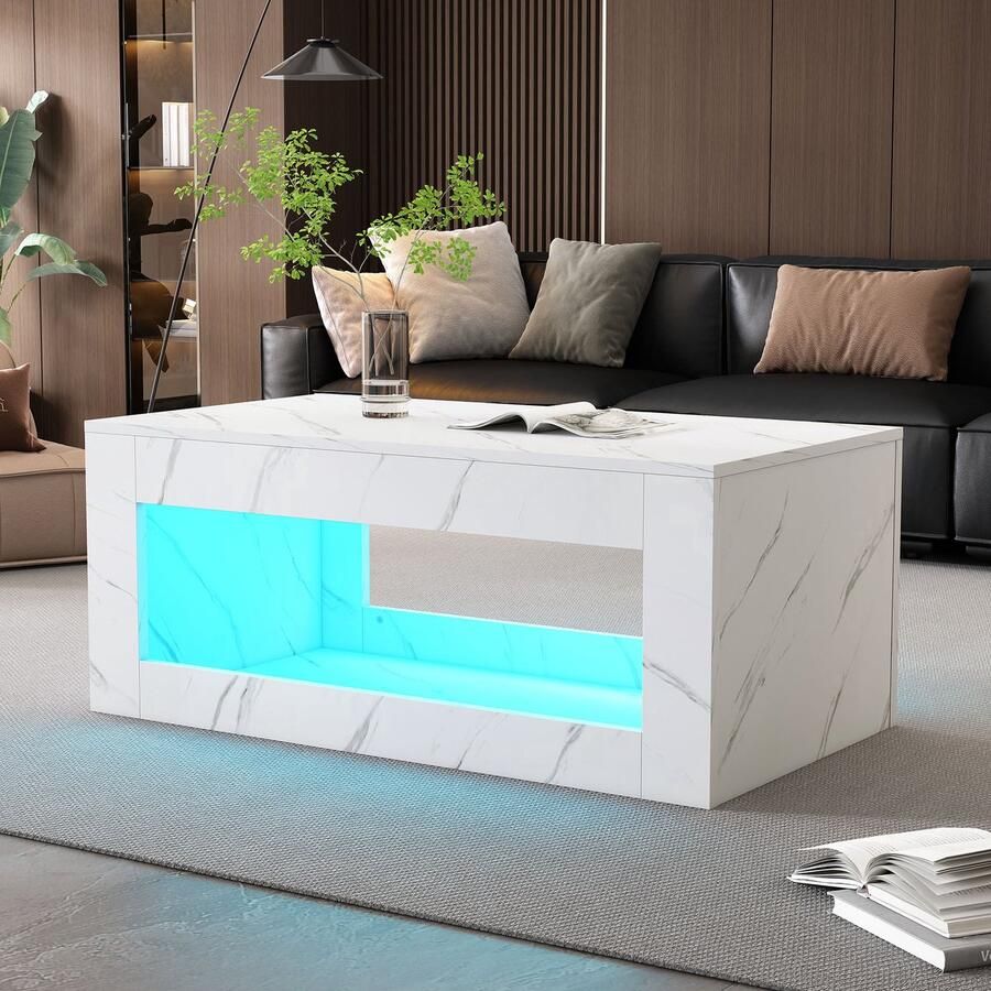 Pugsdrly Moderne LED-salontafel voor woonkamer bijzettafel salontafel hoogglans salontafel met afstandsbediening grote salontafel met marmerprint (wit)