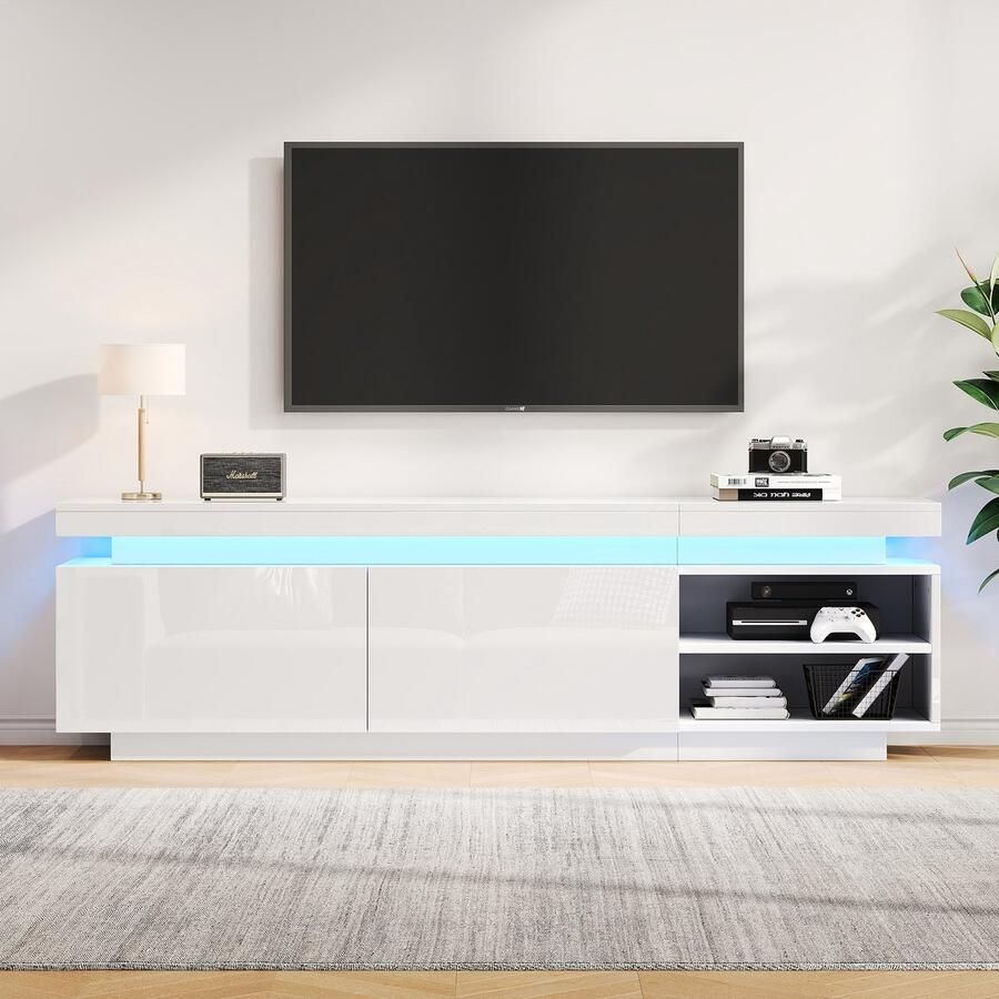 Pugsdrly Moderne lowboard hoogglans tv-kast met ledverlichting tv-board tv-commode geschikt voor 70-inch tv's tafel universele gaming-mediastandaard opbergkast en grote opbergruimte wit