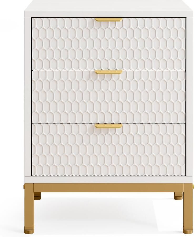 Pugsdrly Moderne nachtkastje 65 5 cm hoog nachtkastje met 3 lades modern bijzettafel met opbergruimte voor slaapkamer woonkamer wit en goudkleurig (1 stuk)