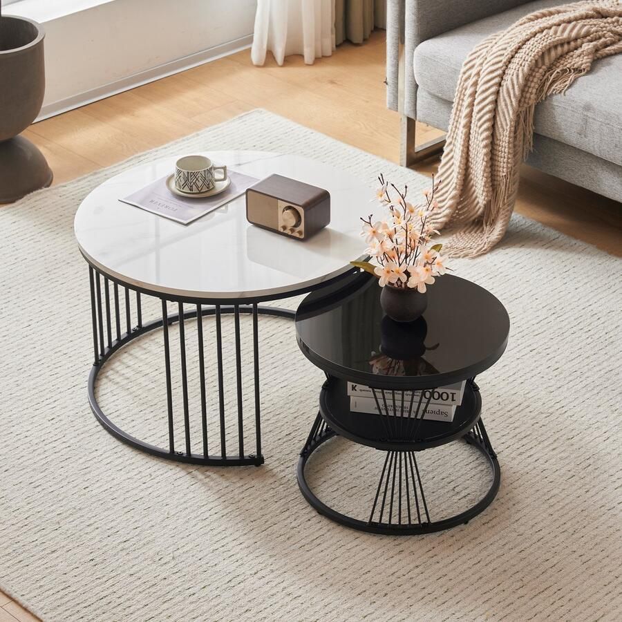 Pugsdrly Moderne nestbare salontafel salontafelset hoogglans tafelblad gemarmerd bijzettafel voor de bank ronde nestbare salontafel set van 2 zwart frame