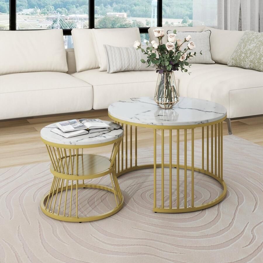 Pugsdrly Moderne nesttafel salontafelset marmerfineer bankzijde nest van tafels ronde bijzettafels set van 2 gouden kleur frame