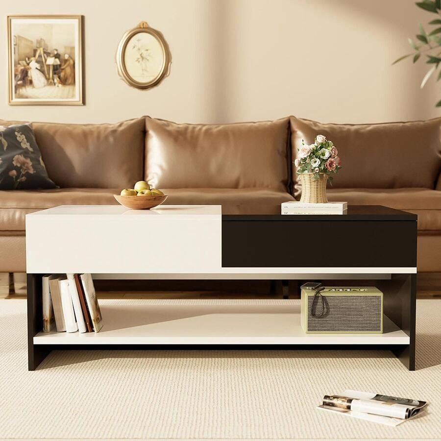 Pugsdrly Moderne salontafel met 2 lades – zwart-wit design opbergruimte glanzend blad lengte 100 cm