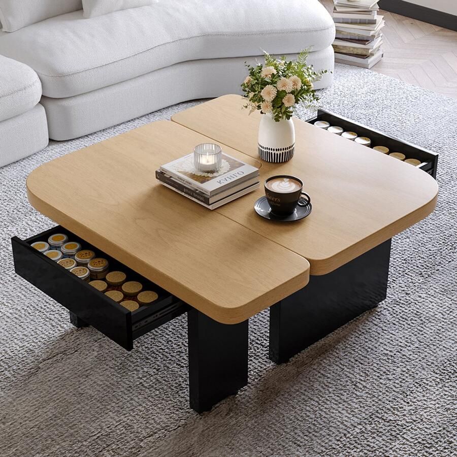 Pugsdrly Moderne salontafel met LED-design in milieuvriendelijk hout 2-in-1 ontwerp keuze uit verschillende combinaties natuurlijke houtkleur 2 lades zachte rondingen in hoogte verstelbare poten