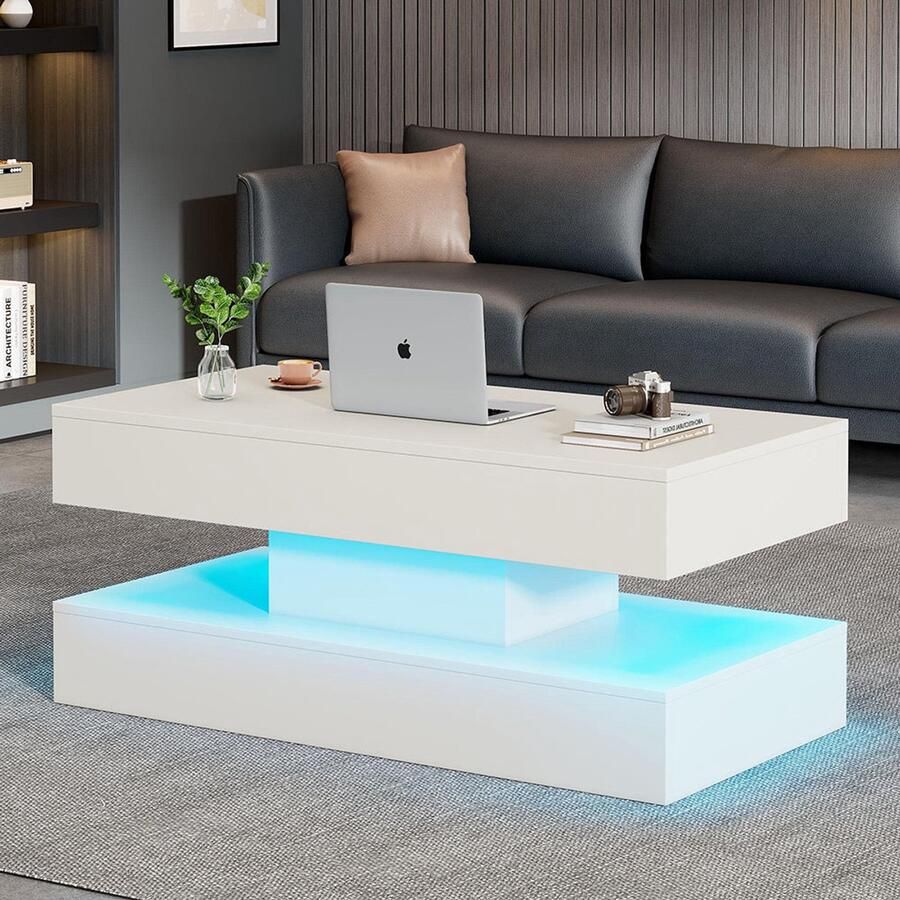 Pugsdrly Moderne salontafel met ledverlichting en verborgen opbergruimte Bijzettafel met hydraulische hefmechanisme 100*50*42 cm draagvermogen 50 kg