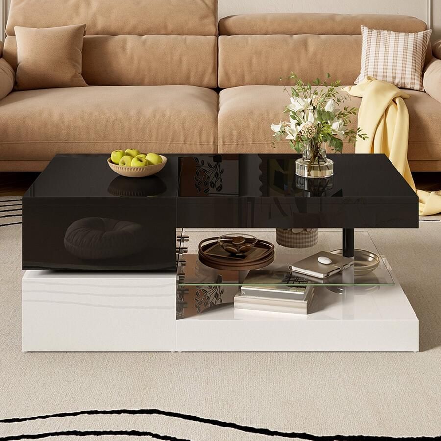 Pugsdrly Moderne salontafel met sfeerverlichting bediening via app en Bluetooth glazen blad en glanzend oppervlak zwart-wit design voor in de woonkamer 90 x 45 x 35 5 cm