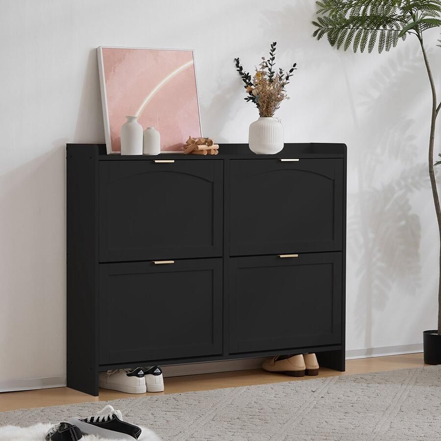 Pugsdrly Moderne schoenenkast met 4 compartimenten met kleppen losse schoenenrek open opbergvakken geschikt voor de hal of gang zwart afmetingen: L110 H90 D24 cm