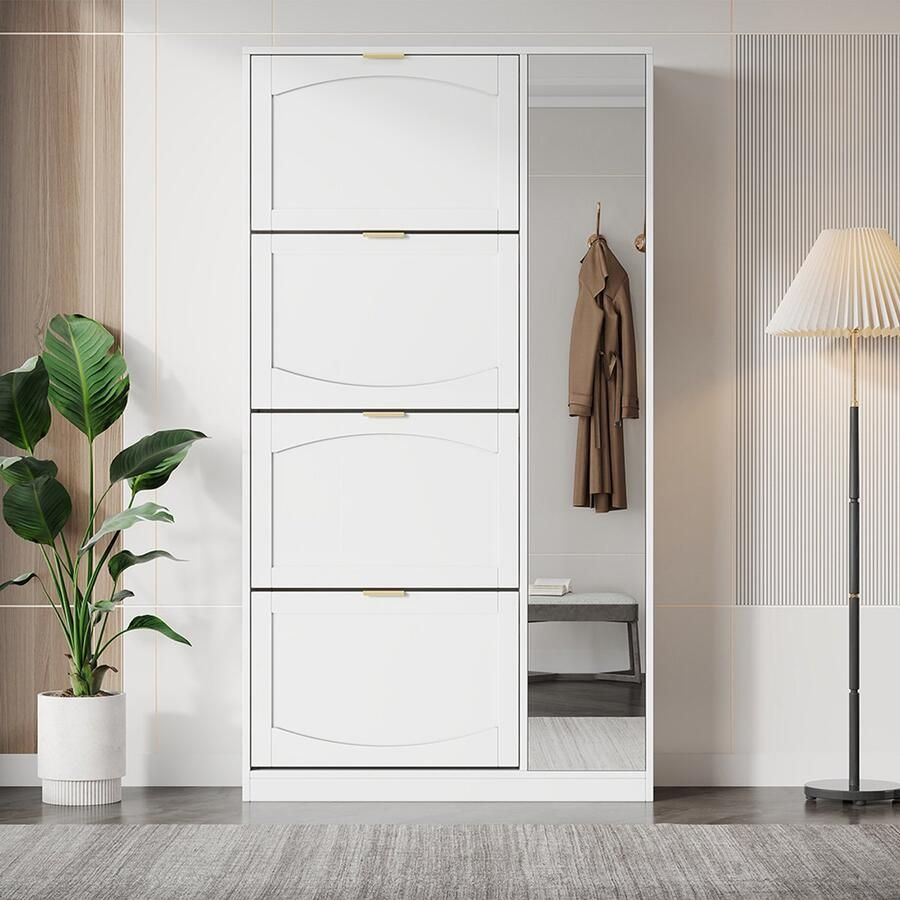 Pugsdrly Moderne schoenenkast met spiegel 4 neerklapbare opbergvakken verstelbare plank achter de rechter spiegel ideaal voor in de gang wit afmetingen: L80 H147 P24 cm