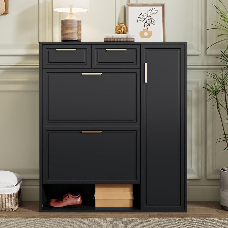 Pugsdrly Moderne schoenenkast met verstelbare legplanken gouden handgrepen lades neerklapbare schoenenkast en deuren zwart L95 P24 H107