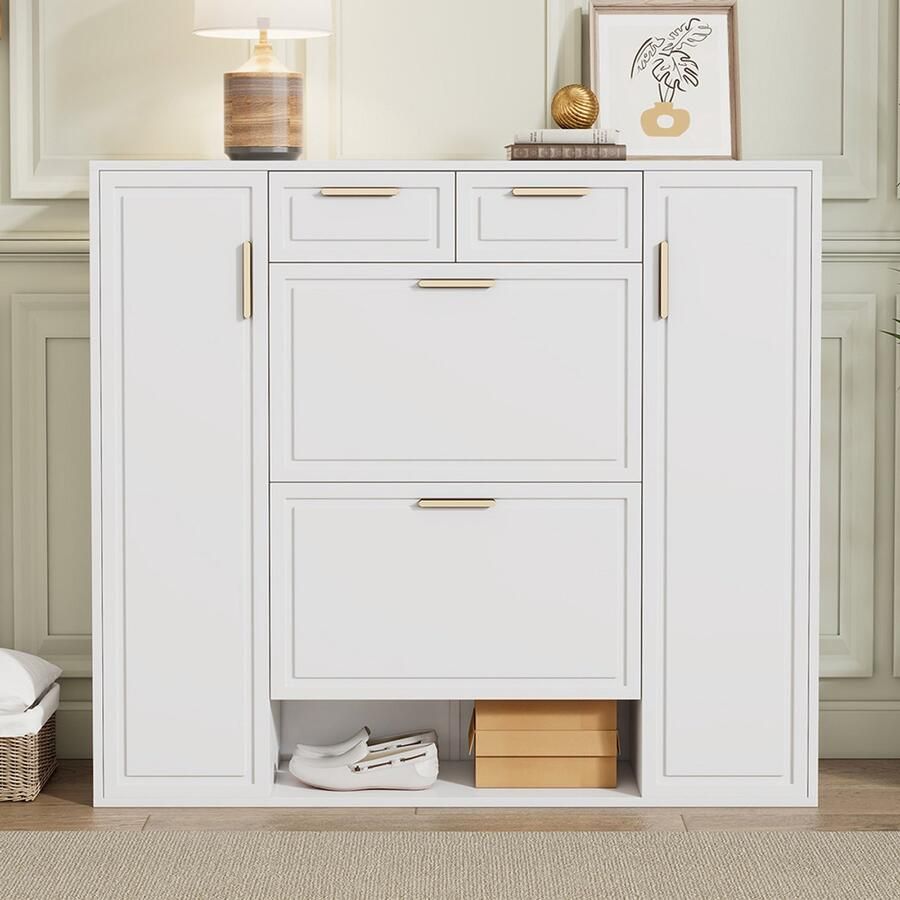 Pugsdrly Moderne schoenenkast met verstelbare planken gouden handgrepen 2 lades neerklapbare schoenenkast en 2 deuren wit L120 P24 H107 CM - Foto 2