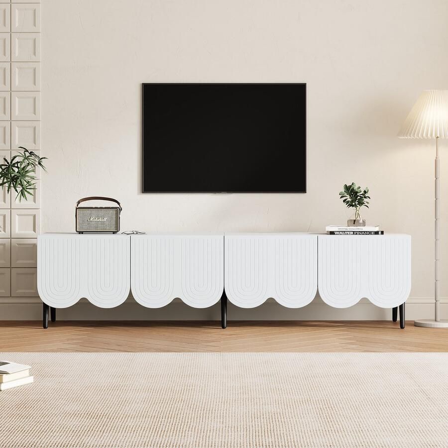 Pugsdrly Moderne tv-kast in wit met uniek patroon – 180 x 40 x 45 cm voor tv's tot 80 inch twee deuren en kabelbeheer