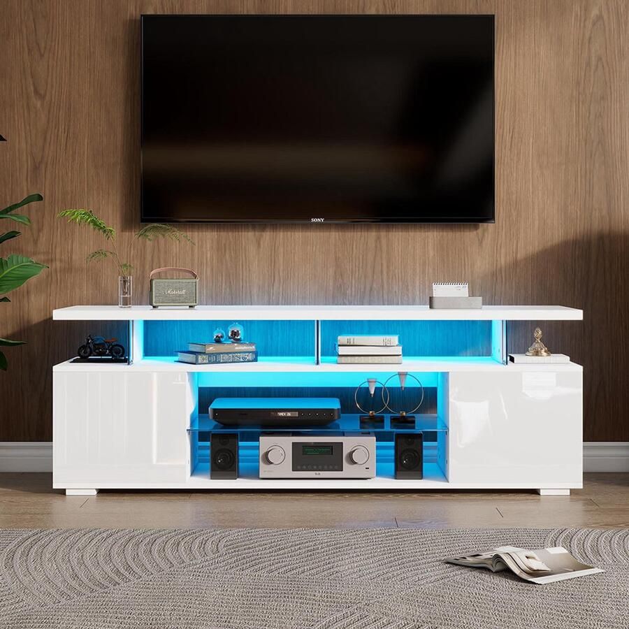 Pugsdrly Moderne tv-meubel met lage panelen en glanzende afwerking met ledverlichting tv-paneel glazen tv-meubel voor 60 inch tv tafels universele multimediameubel voor videogames opbergkasten en grote opbergruimtes puur wit