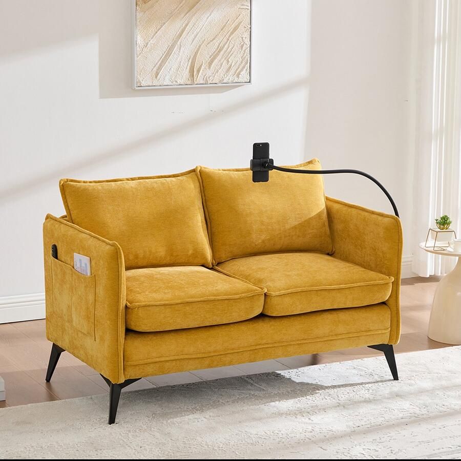 Pugsdrly Moderne tweezitsbank Kleine stoffen bank Fauteuil met opbergruimte Zijvak + verstelbare houder voor mobiele telefoon Geschikt voor de woonkamer slaapkamer balkon