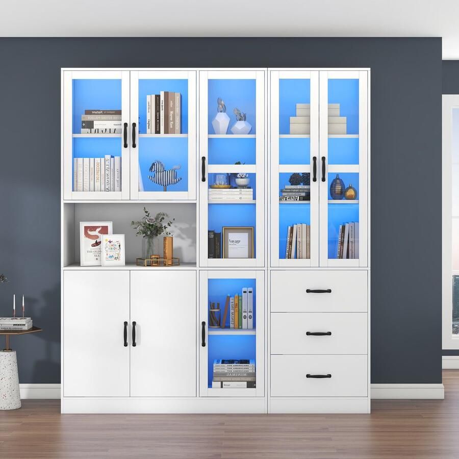 Pugsdrly Moderne witte combivitrineset 200 cm hoog en 180 cm lang witte staande vitrine met ledverlichting 8 deuren 3 lades – perfect om uw huis te presenteren!