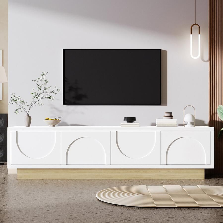 Pugsdrly Moderne witte tv-meubel met houtnerf – 175 cm – minimalistisch en gebogen design – voldoende opbergruimte en kabelbeheer