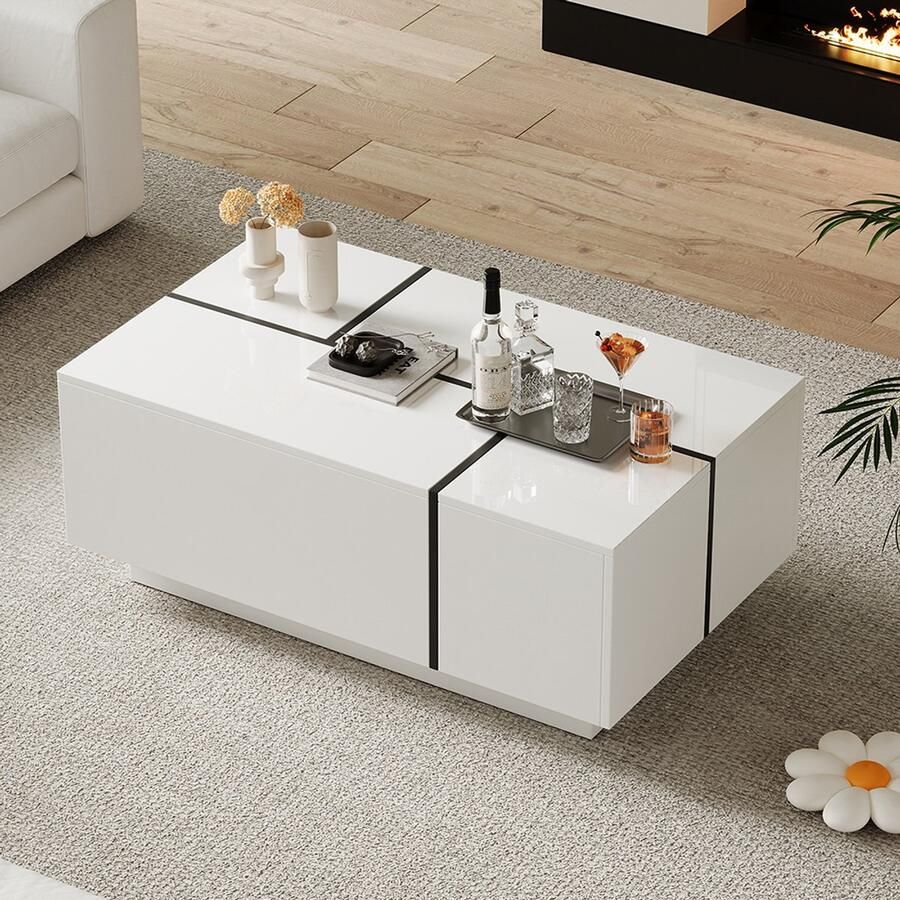 Pugsdrly Moderne witte vierkante salontafel patchwork salontafel in felle kleuren en glanzende afwerking 100 x 60 x 40 cm – Salontafel met vier lades uitschuifbaar blad draagvermogen tot 30 kg