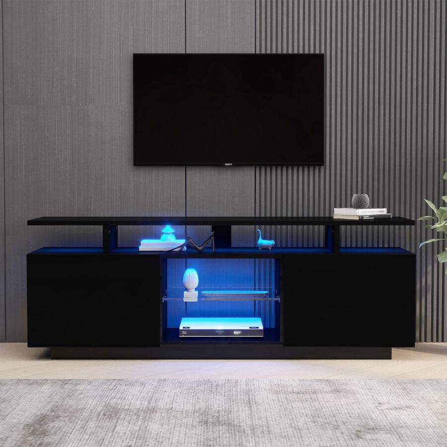 Pugsdrly Moderne zwarte tv-kast met 16-kleuren LED-verlichting 1 4 m lang – stijlvolle opbergkast voor 60-inch tv's 16-kleuren lichtbalk hoogglans deurpaneel met glazen vak tv-plank