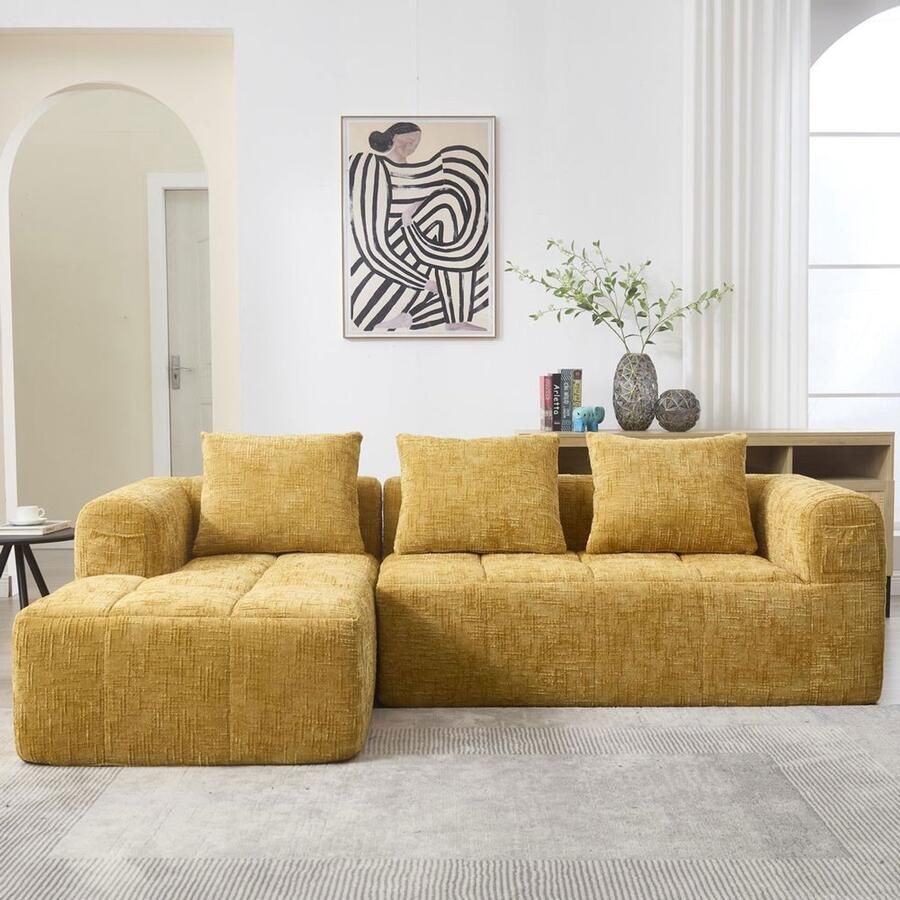 Pugsdrly Modulaire bank L-bank 3-zitsbank geen montage nodig chenille bank met chaise longue en armleuningen 3 kussens zijvak voor afstandsbediening geel - Foto 2