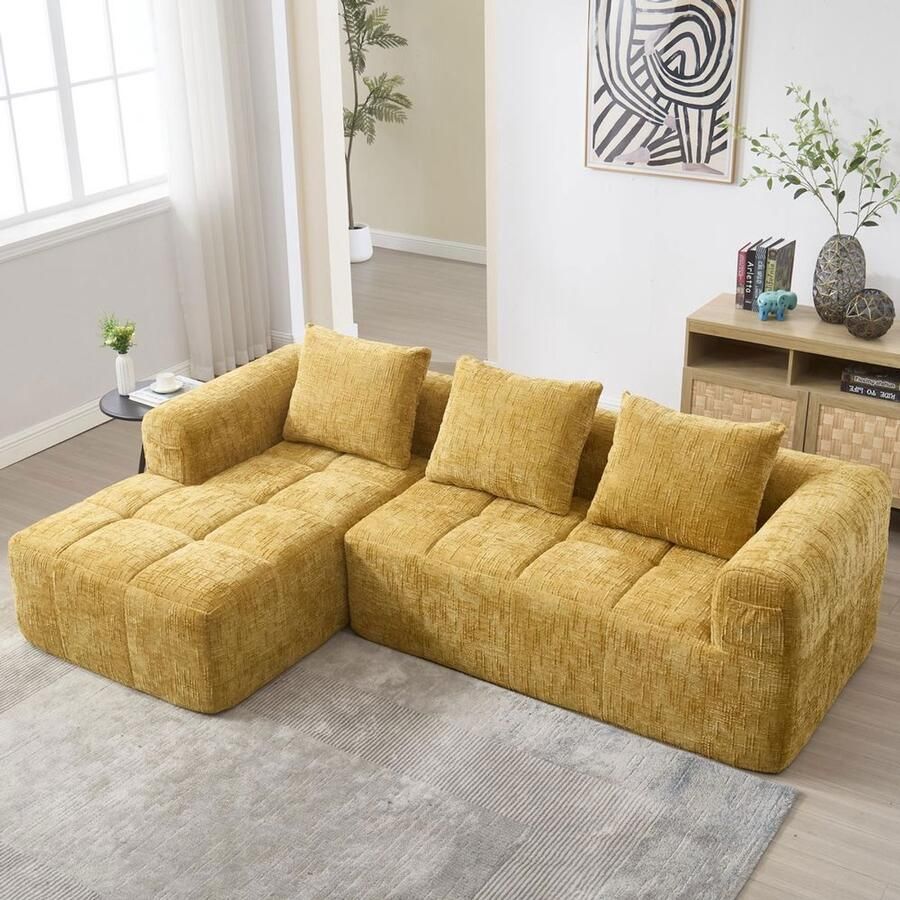 Pugsdrly Modulaire bank L-bank 3-zitsbank geen montage nodig chenille bank met chaise longue en armleuningen 3 kussens zijvak voor afstandsbediening geel