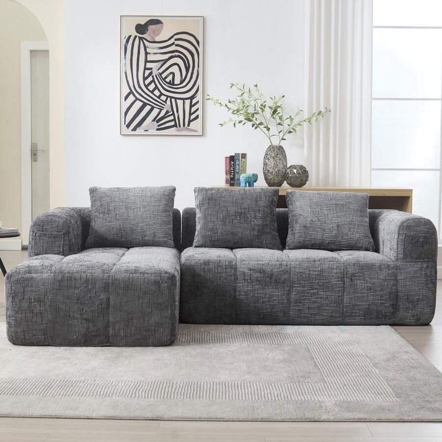 Pugsdrly Modulaire bank L-bank 3-zitsbank geen montage nodig chenille bank met chaise longue en armleuningen 3 kussens zijvak voor afstandsbediening grijs