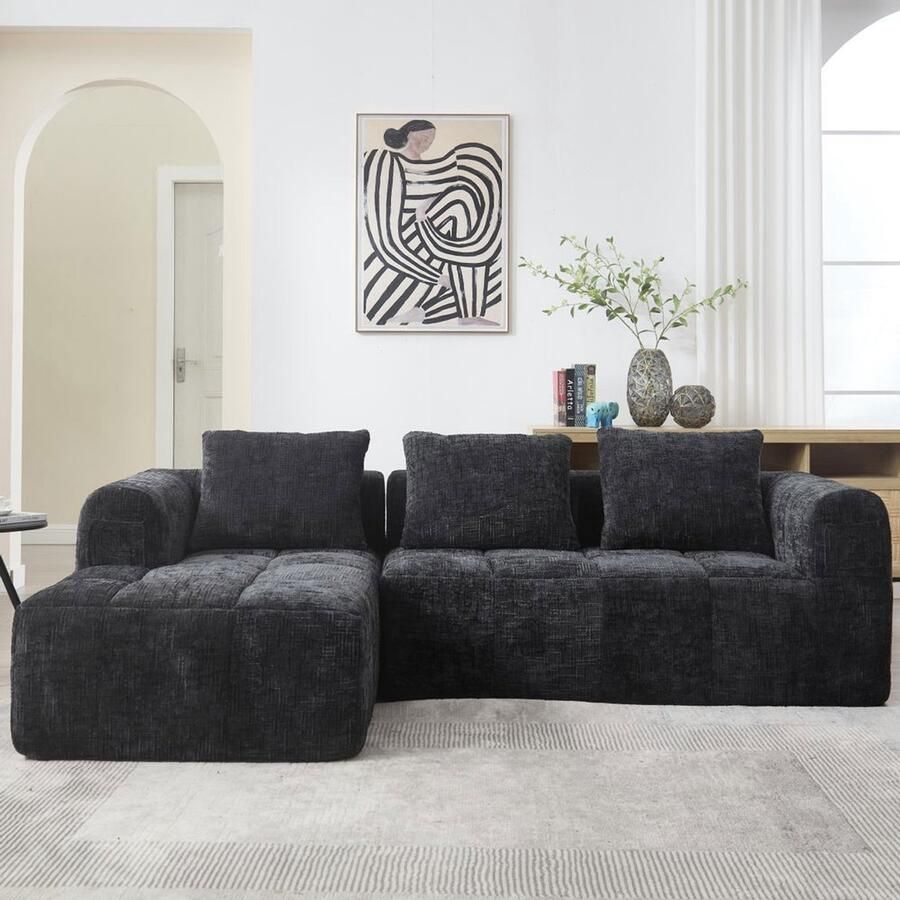 Pugsdrly Modulaire bank L-bank 3-zitsbank geen montage nodig chenille bank met chaise longue en armleuningen 3 kussens zijvak voor afstandsbediening zwart