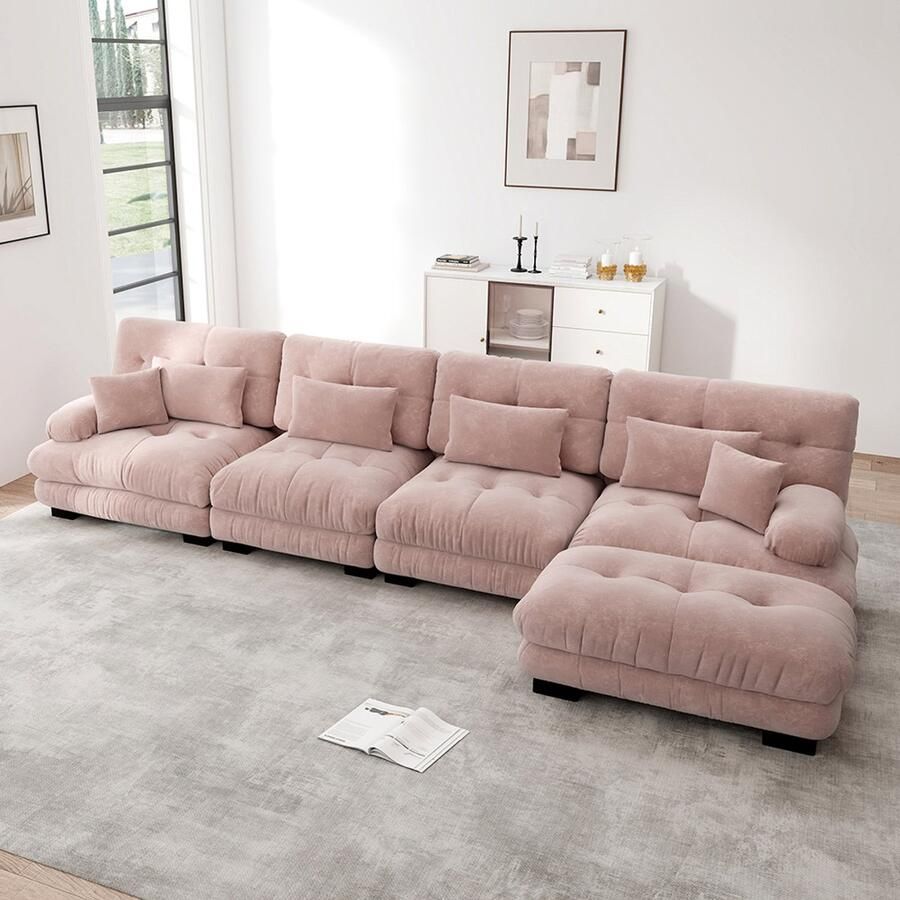 Pugsdrly Modulaire hoekbank L-vormige bankstel voor de woonkamer comfortabele Cloud-banken met 4 zitplaatsen en verwijderbare poef DIY-combinatie chenille roze
