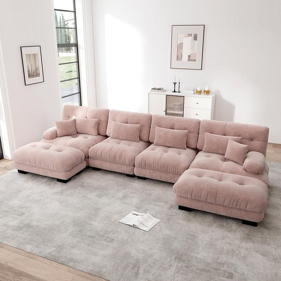 Pugsdrly Modulaire hoekbank U-vormige bankstel voor de woonkamer comfortabele Cloud-banken met 4 zitplaatsen en verwijderbare poef DIY-combinatie chenille roze
