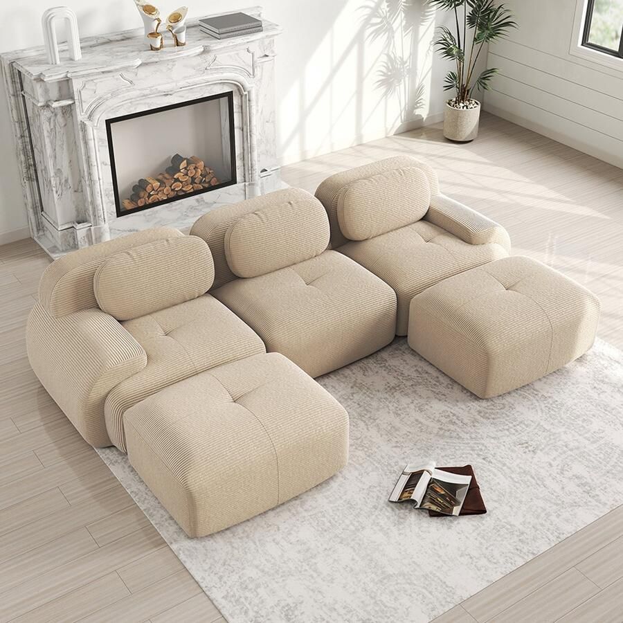 Pugsdrly Modulaire U-bank van hoogwaardig corduroy zonder montage antislip en geschikt voor huisdieren extra brede armleuningen zeer elastische 32D-vulling voor woonkamer slaapkamer en kantoor beige