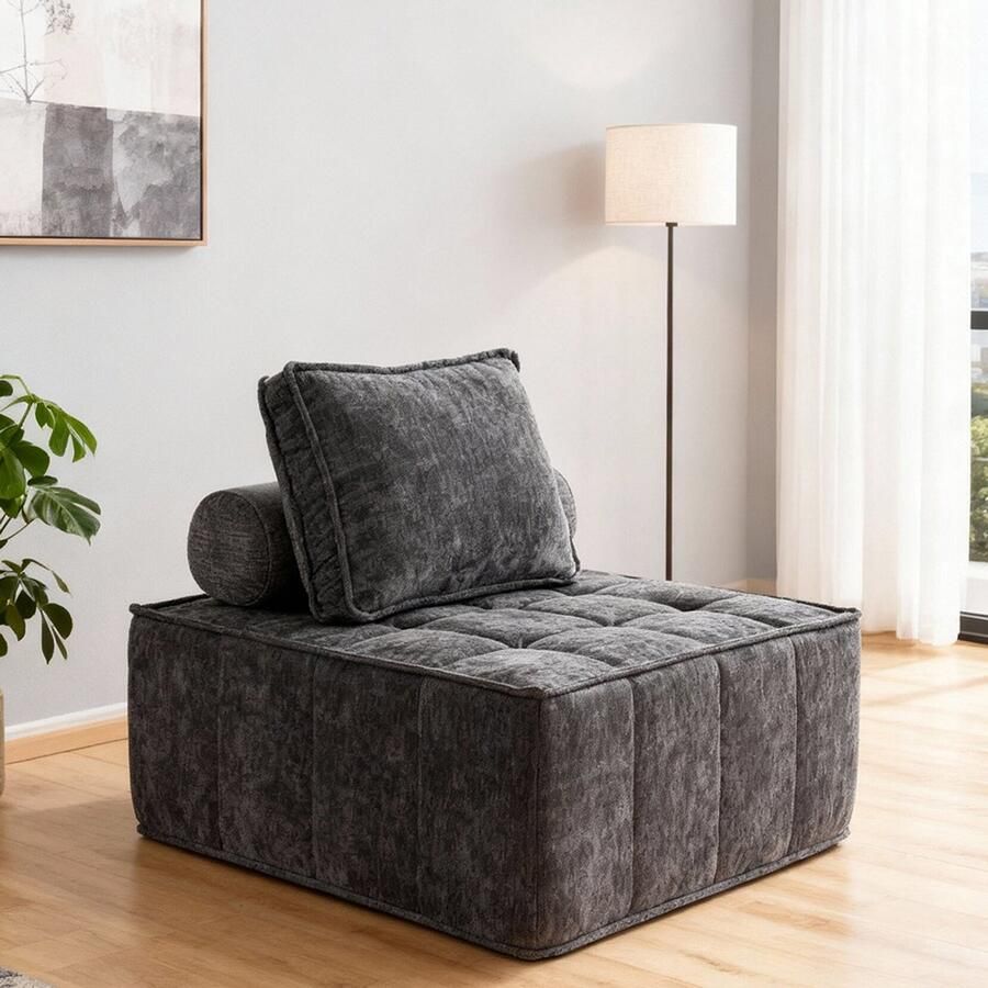 Pugsdrly Modulaire vierkante bijzetstoel zonder armleuningen eenvoudige bank extra grote vrijetijdsbank fauteuil voor de woonkamer luie bank voor de woonkamer slaapkamerhoek kantoor grijs