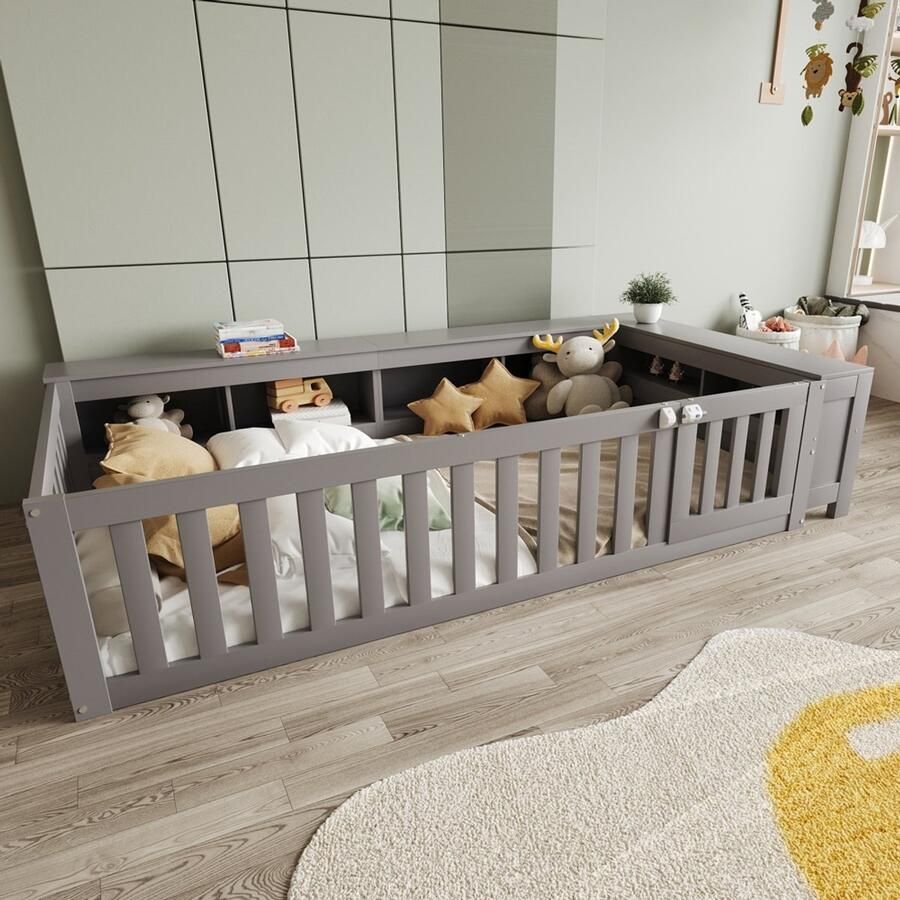 Pugsdrly Multifunctioneel kinderbed 90 x 200 cm met veel opbergvakken en opbergruimte met veiligheidshek en deurtje rondom veiligheidsbescherming massief houten bed met lattenbodem eenpersoonsbed grijs