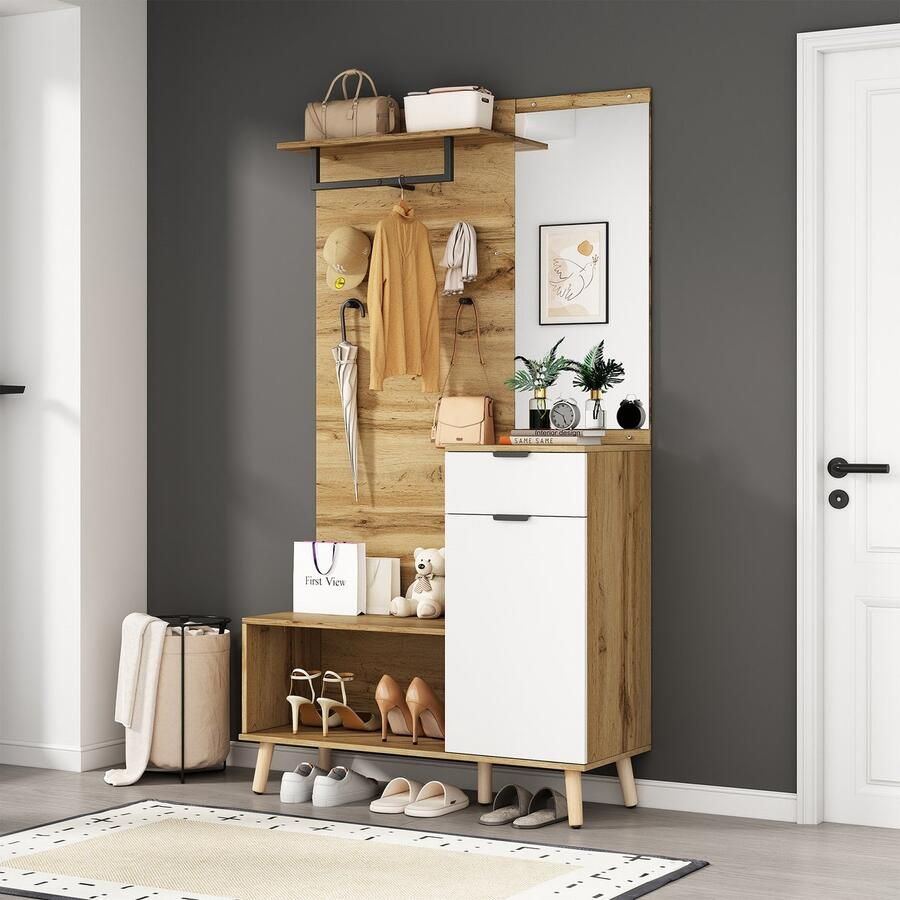 Pugsdrly Multifunctionele 190 cm hoge garderobeset van hout met spiegel schoenenbank schoenenkast lade plank en kledinghaken – Modern design met hydraulische scharnieren en praktische opbergruimte