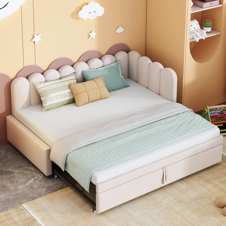 Pugsdrly Multifunctionele slaapbank 2-in-1 in L-vorm (90 180 x 200 cm) gestoffeerd bed in beige fluweel Ruimtebesparend ontwerp Kan worden gebruikt als kinderbed of logeerbed