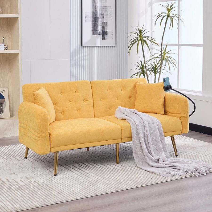 Pugsdrly Multifunctionele slaapbank voor twee personen met verstelbare rugleuning twee USB-poorten houder voor mobiele telefoon zijvak metalen poten – een moderne opklapbare bank die kan dienen als zitplaats of extra bed