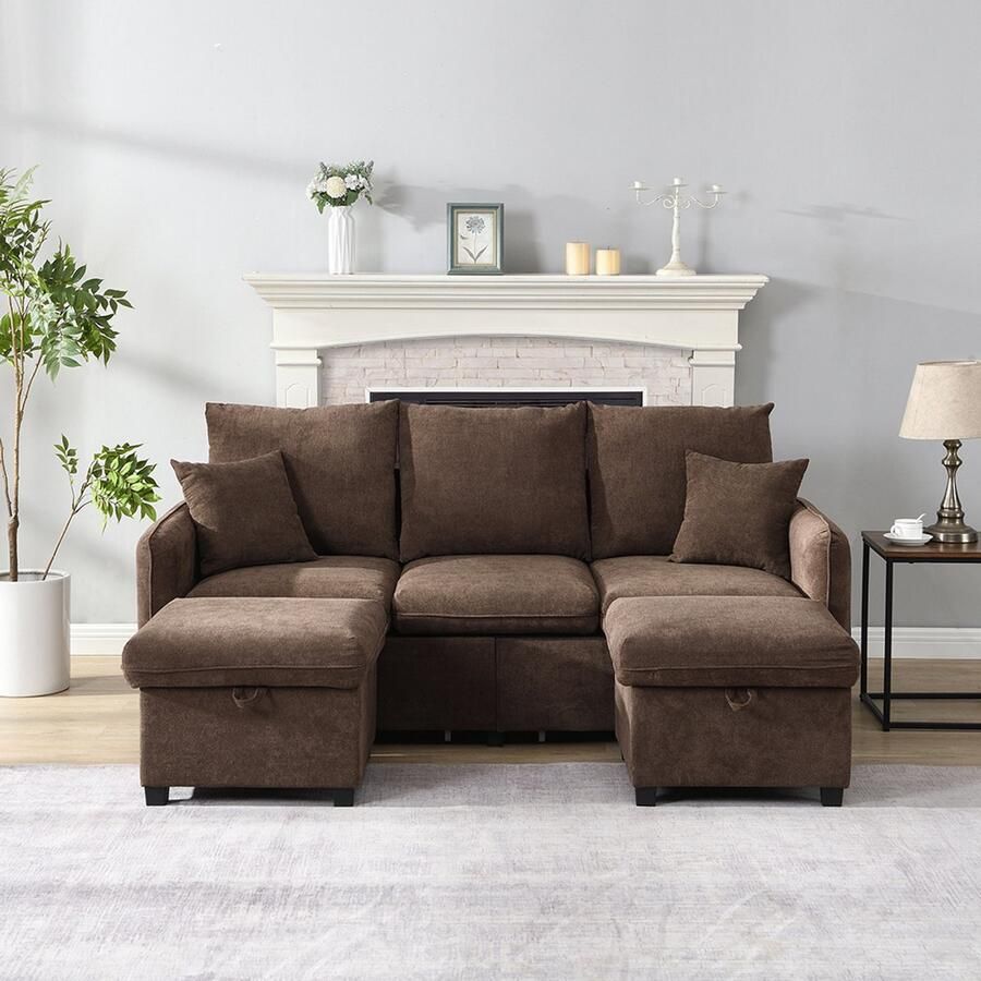 Pugsdrly Multifunctionele U-vormige hoekbank driezits gestoffeerde bank met opbergfunctie inclusief laden + poef met opbergvak modulair bankstel met slaapfunctie chenille bekleding