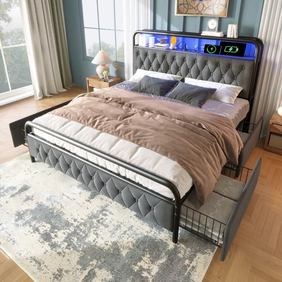 Pugsdrly Gestoffeerd tweepersoonsbed met oplaadfunctie via USB type C app-bediening led-bedframe metalen bedframe 180×200 bedframe en 4 lades fluweel (zonder matras)