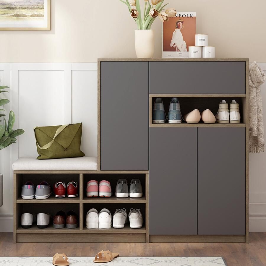 Pugsdrly Opbergbank voor schoenen en schoenenkast schoenenbank multifunctionele schoenenrek met beklede zitting veelzijdige opbergoplossing voor schoenen met verstelbare planken voor de gang grijs L140 P35 H110cm