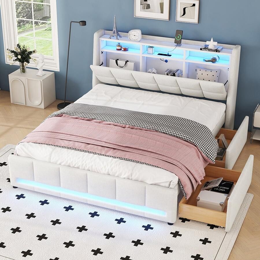 Pugsdrly Opbergbed 140 x 200 cm zonder matras APP-afstandsbediening LED-verlichting bed met lades met stopcontacten en USB ingebouwd opbergvak linnen beige
