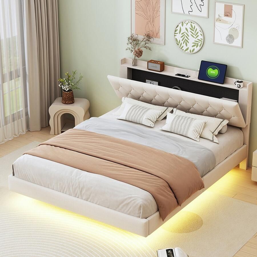 Pugsdrly Opbergbed 160*200 cm met USB-oplaadpoort en LED-kleurveranderende lichtstrip tweepersoonsbed in huidvriendelijk linnen met lattenbodem Beige