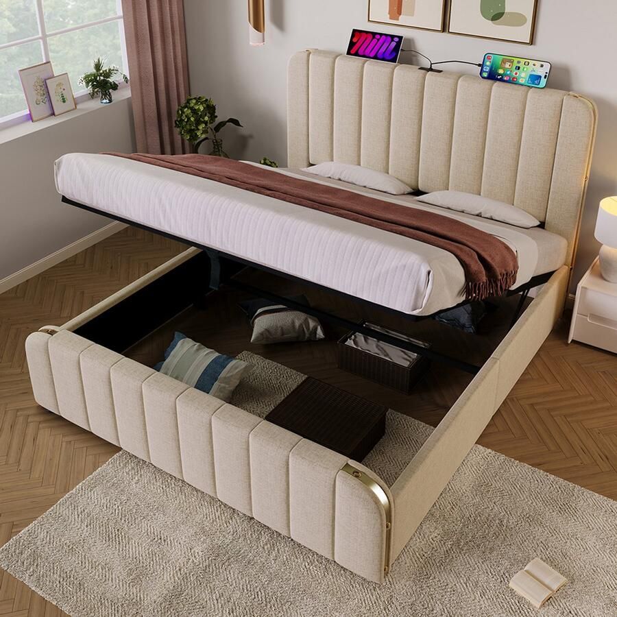 Pugsdrly Gestoffeerd bed Dubbel gestoffeerd hoofdeinde met gouden sierstrepen en USB-type C-oplaadfunctie 140*200 cm beige linnen materiaal Hydraulisch opbergbed draagvermogen 181 kg (zonder matras) - Foto 2