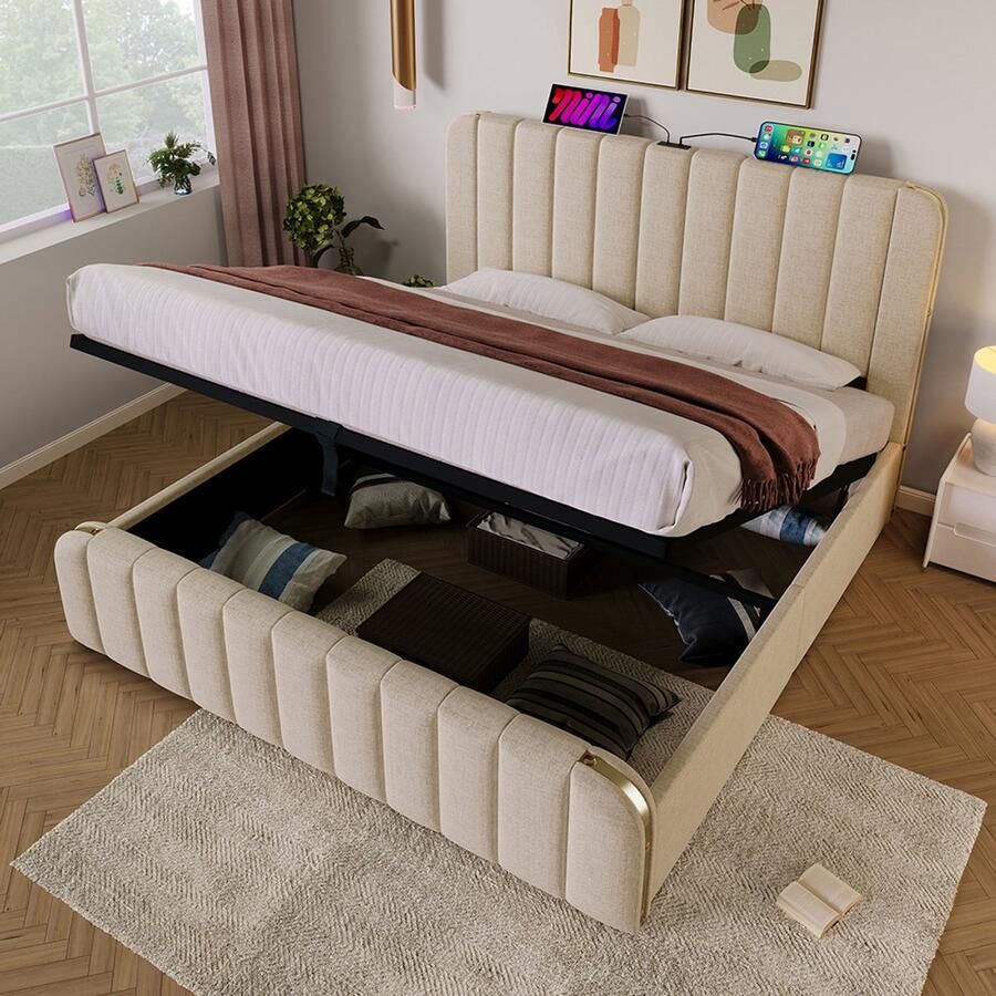 Pugsdrly Opbergbed Dubbel gestoffeerd hoofdeinde met gouden sierstrepen en USB-type C-oplaadfunctie 180*200 cm beige linnen materiaal Hydraulisch opbergbed draagvermogen 226 kg (zonder matras)