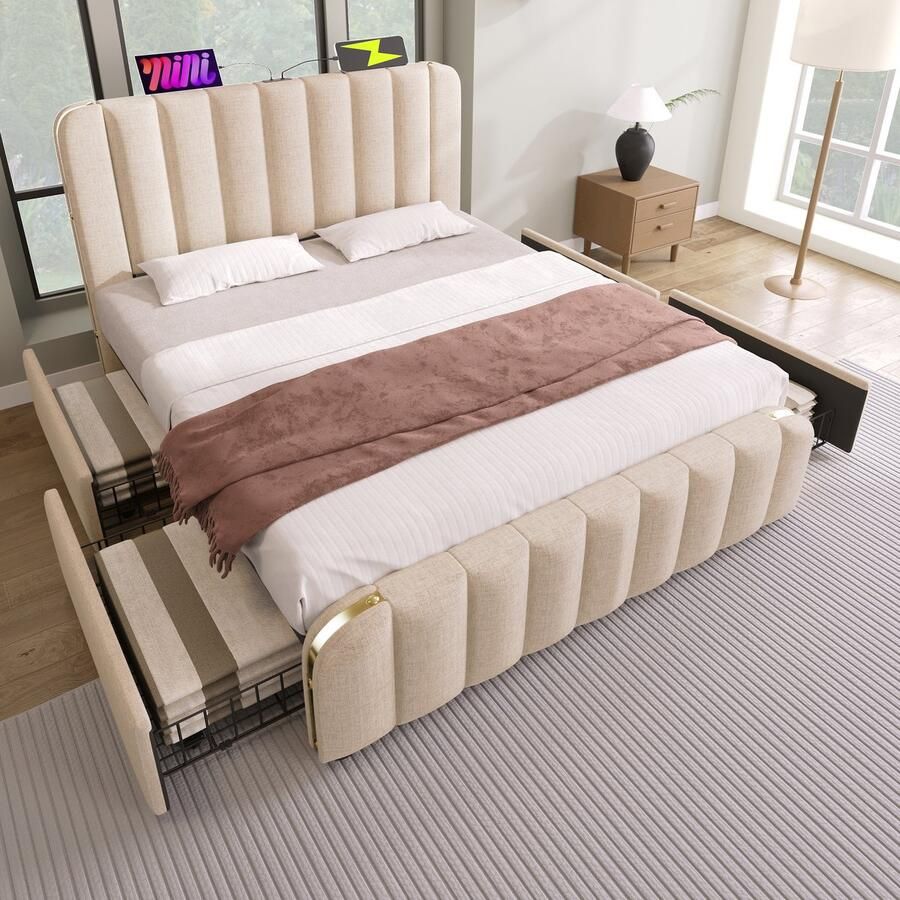Pugsdrly Opbergbed Dubbel Opbergbed 160x200 cm met 4 lades gestoffeerd hoofdeinde met gouden sierstrepen USB type C oplaadfunctie beige linnen materiaal draagvermogen 200 kg zonder matras