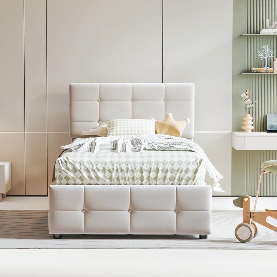 Pugsdrly Opbergbed kinderbed 90x200 cm hoog boxbed voor één persoon hydraulisch opbergbed fluweelstof beige in hoogte verstelbaar hoofdeinde