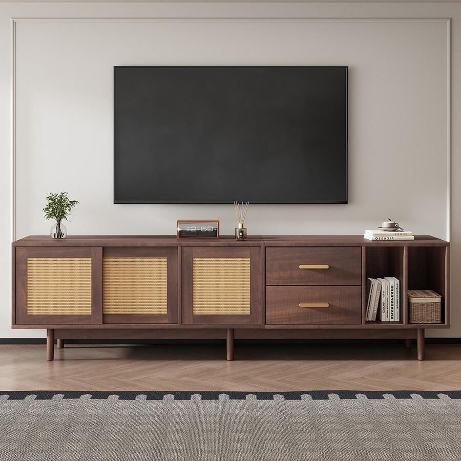 Pugsdrly 190 x 40 x 52 cm opbergmeubel lage tv-meubel met lades tv-standaard van bruin rotan en MDF design met 6 poten multifunctioneel opbergmeubel voor de woonkamer tv 75 inch