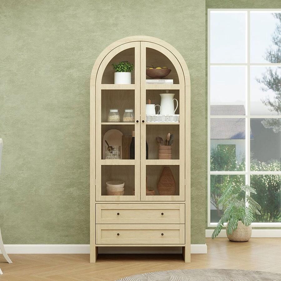 Pugsdrly Opbergkast houten hoogkast 79 × 39.5 × 178 cm natuurkleurig met transparante acrylglasdeuren gebogen design twee lades multifunctioneel