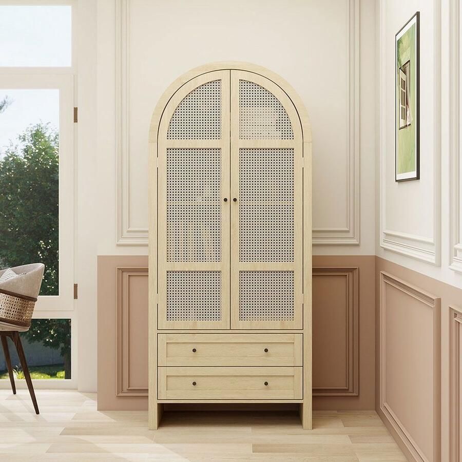 Pugsdrly Opbergkast in naturelkleur in bohemian stijl – Multifunctionele kast in boogvorm met gevlochten rotan deuren en twee lades