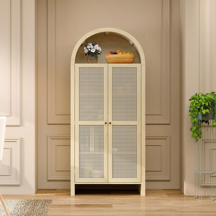 Pugsdrly Opbergkast in natuurlijke kleur in bohemian stijl – Multifunctionele kast in boogvorm met gevlochten rotan elementen